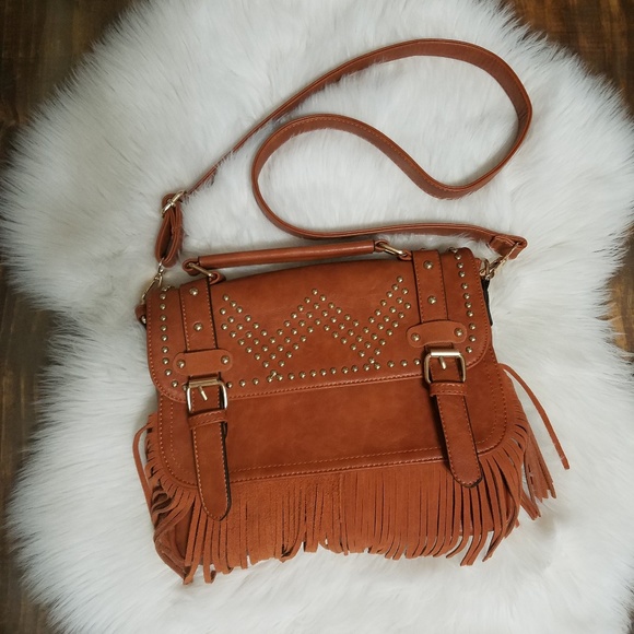 Brown faux leather fringe crossbody purse handbag - Picture 1 of 7